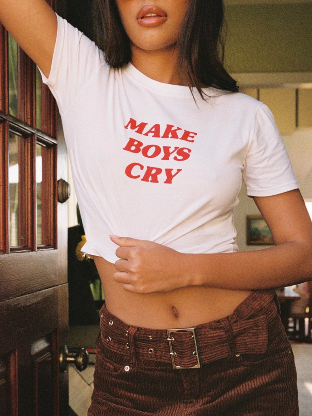 Motel Rocks Make Boys Cry Cropped Graphic Tee White Red XS